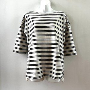 Marimekko Boat Neck Tunic Top Black White Stripe Tie Sides Pullover Shirt Used